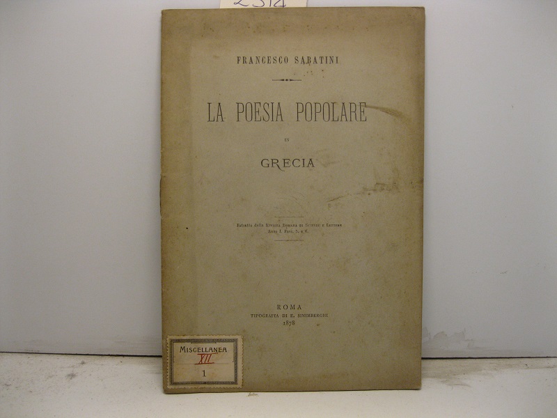 La poesia popolare in Grecia. Estratto dalla Rivista Romana di Scienze e Lettere Anno I, fasc. 5 e 6.